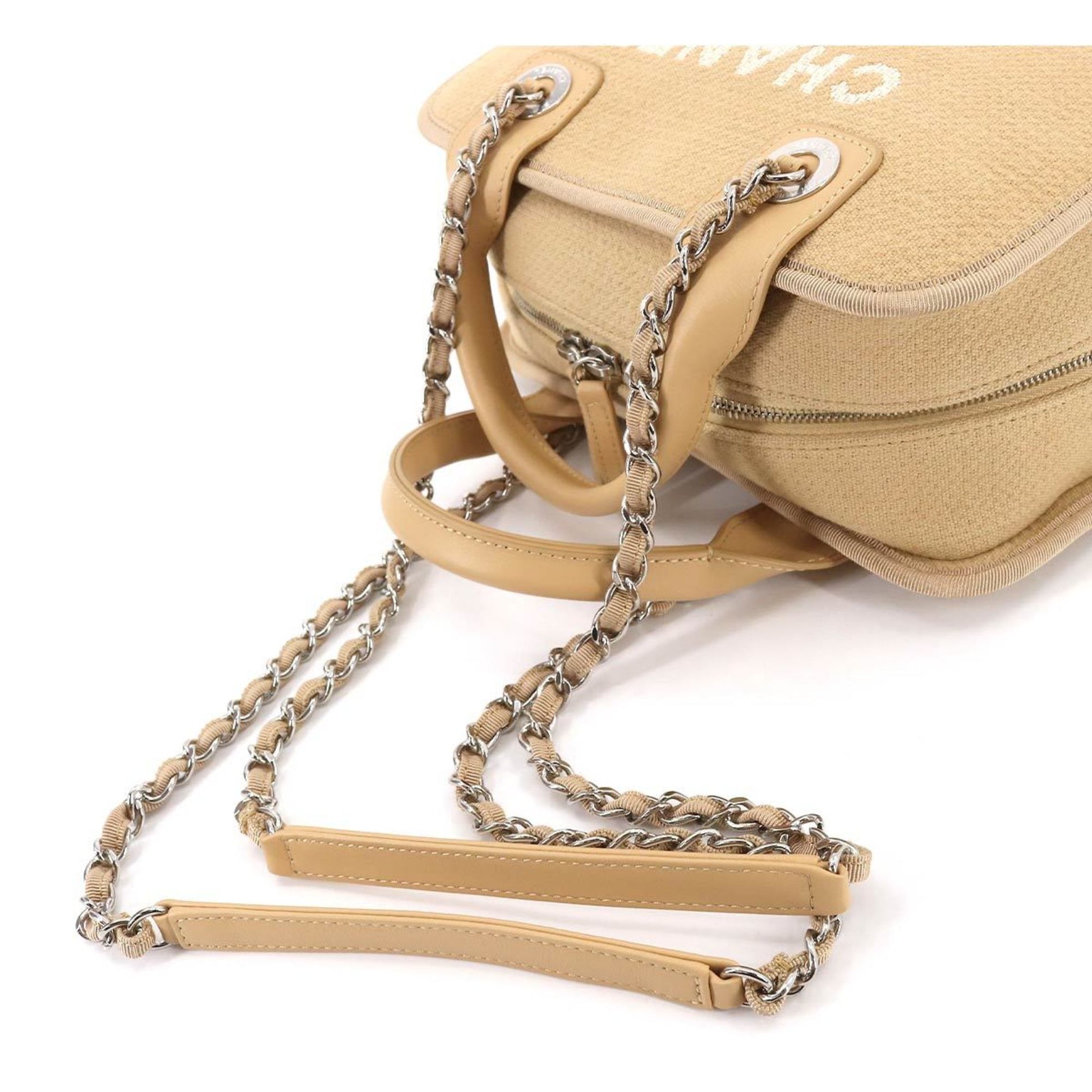 Chanel Deauville Chain Handbag Beige A92749 Canvas Leather