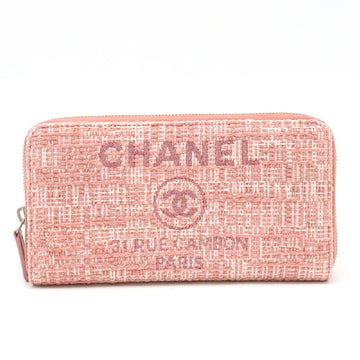 CHANEL Deauville Line Round Long Wallet Tweed Canvas Leather Lame Pink A80056