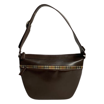 BURBERRY Nova Check Pattern Leather Canvas One Shoulder Bag Tote Brown 90892