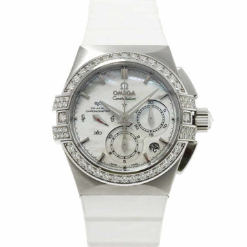 OMEGA Constellation Double Eagle 121 17 35 50 05 001 Chronograph Ladies Watch Diamond Bezel Date White Shell Dial Back Skeleton Automatic Winding