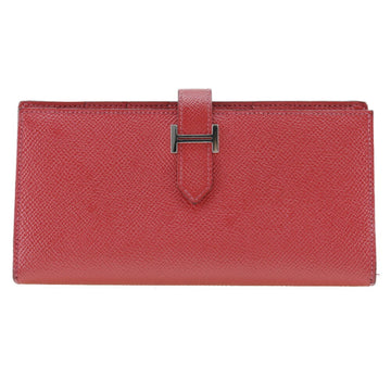 HERMES Beansufla Long Wallet Vaux Epson Made in France 2014 Red R Belt Hardware Ladies