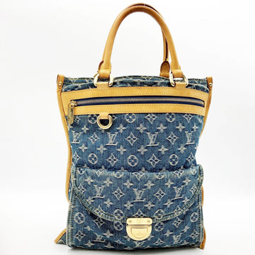 LOUIS VUITTON Monogram Denim Tote Bag Flat Shopper x Tanned Leather Blue Ladies M95018