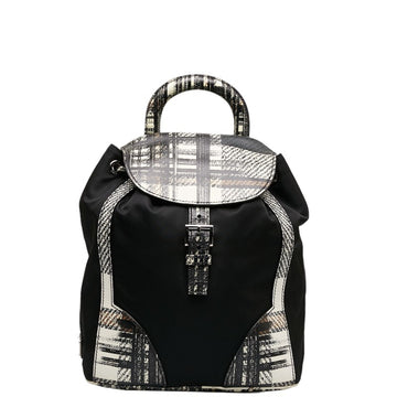 PRADA Tessuto Saffiano Plaid Rucksack Backpack 1BZ038 Black White Nylon Leather Women's