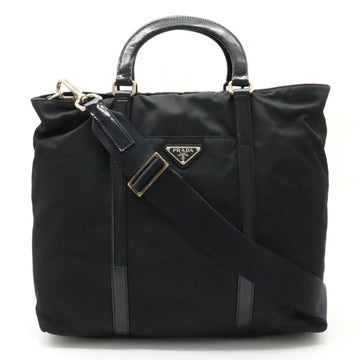 PRADA Tote Bag Handbag Shoulder Nylon Patent Leather NERO Black BN1057