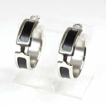 HERMES Earrings Olympe Black Silver Box Calf/Palladium Plated Hoop S Rank