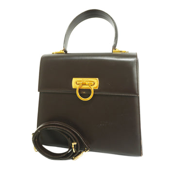 SALVATORE FERRAGAMO[3cc2255] Auth  2WAY bag Gancini leather dark brown gold metal