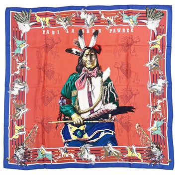 HERMES 90 PANI LA SHAR PAWNEE Pawnee Chief Silk Large Scarf Red Women's Men's