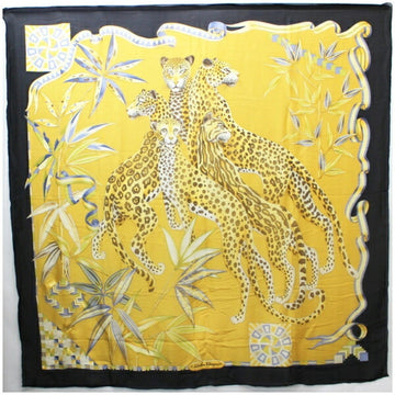 SALVATORE FERRAGAMO Silk Large Scarf Stole Navy x Yellow Leopard Print Women's Paper