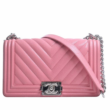 CHANEL Caviar Skin V Stitch Boy  Coco Mark Chain Shoulder Bag Pink Ladies