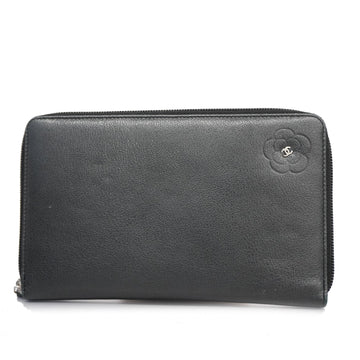 CHANELAuth  Camellia Wallet With Silver Metal Fittings Leather Black