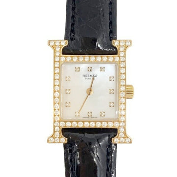 Hermes H Watch Diamond Bezel 12P HH1.171 K18 Pink Gold x Leather Quartz Women's Shell Dial