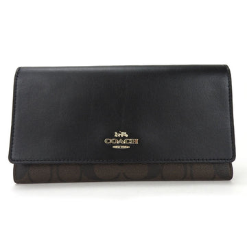 COACH tri-fold long wallet signature PVC F88024 dark brown black leather ladies