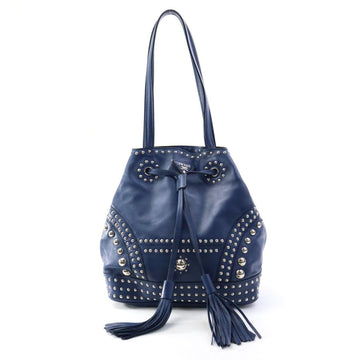PRADA Shoulder Bag Studded Leather/Metal Navy Blue/Silver Ladies