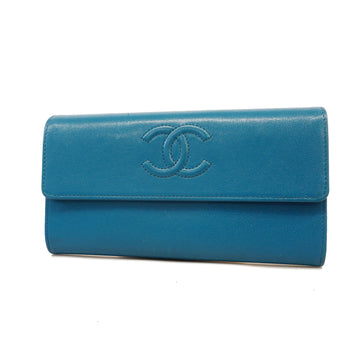 Chanel bi-fold long wallet leather blue gold metal