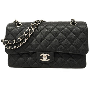 CHANEL Shoulder Bag Matelasse W Flap Chain Caviar Skin Black Silver Hardware Women's