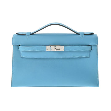Hermes Pochette Kelly Blue Knoll Palladium Hardware D Engraved (around 2019) Ladies Swift Handbag