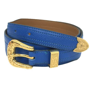 HERMES leather belt 75 size blue x gold buckle 〇T carved aq9092