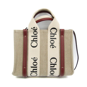 Chloe Woody CHC22AS397 Women's Cotton Canvas,Leather Handbag,Shoulder Bag Beige,Red Brown