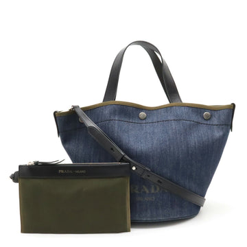 PRADA Small Tote Bag Handbag Shoulder Denim Leather BLUE Blue MIMETICO Khaki 1BG244