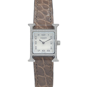 Hermes H Watch Mini Women's Shell Dial Diamond Bezel SS/Leather Belt HH1.131