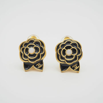 CHANEL Camellia Earrings 02A Black x Gold Flower Motif