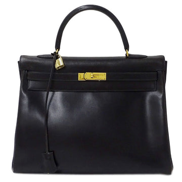 Hermes Kelly 35 Box Calf Black Bag Women's Handbag Inner Sewn  Y Engraved