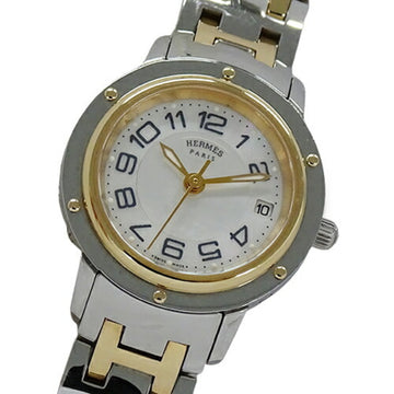 HERMES Watch Ladies Clipper Nacre Shell Date Quartz Stainless Steel SS PGP CP1.221 Pink Gold