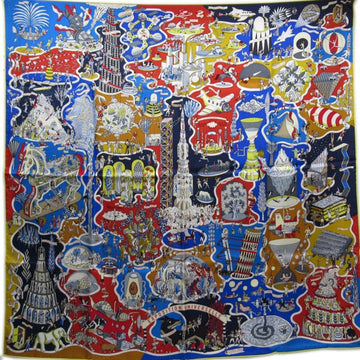 HERMES Scarf Carre 90 EXPOSITION UNIVERSELL World Exposition Blue Series 100% Silk