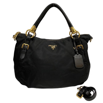 PRADA Logo Metal Fittings Nylon Leather Genuine 2way Handbag Tote Bag Shoulder Black 21954