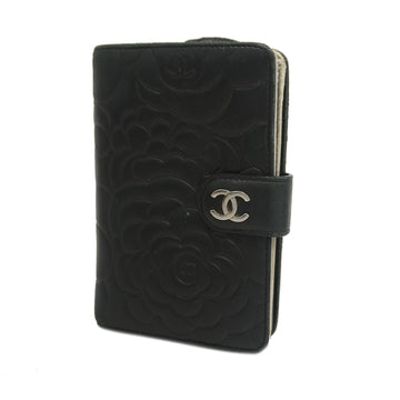 CHANELAuth  Camellia Bi-fold Wallet With Silver Hardware Lambskin Black,Silver
