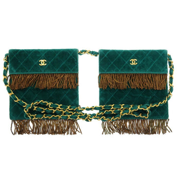 Chanel W Bag Velor Green Gold Chain Shoulder