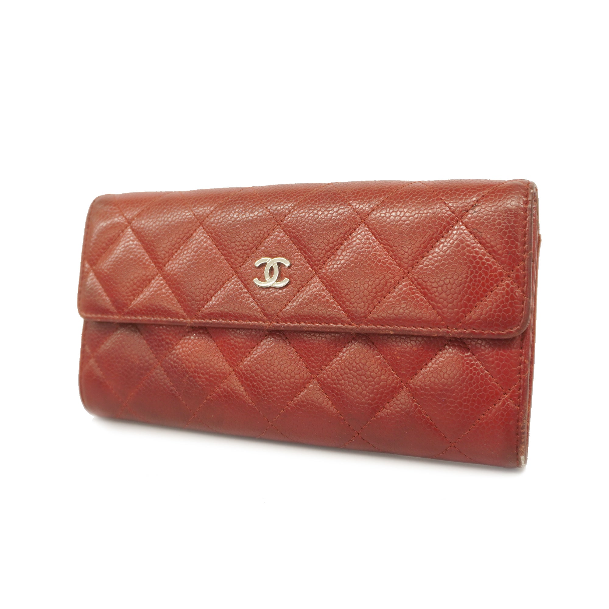 Chanel Red Leather Diamond Stitch Bifold Yen Wallet w