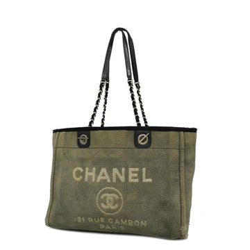CHANEL Tote Bag Deauville Chain Shoulder Canvas Gray Silver Hardware Women's