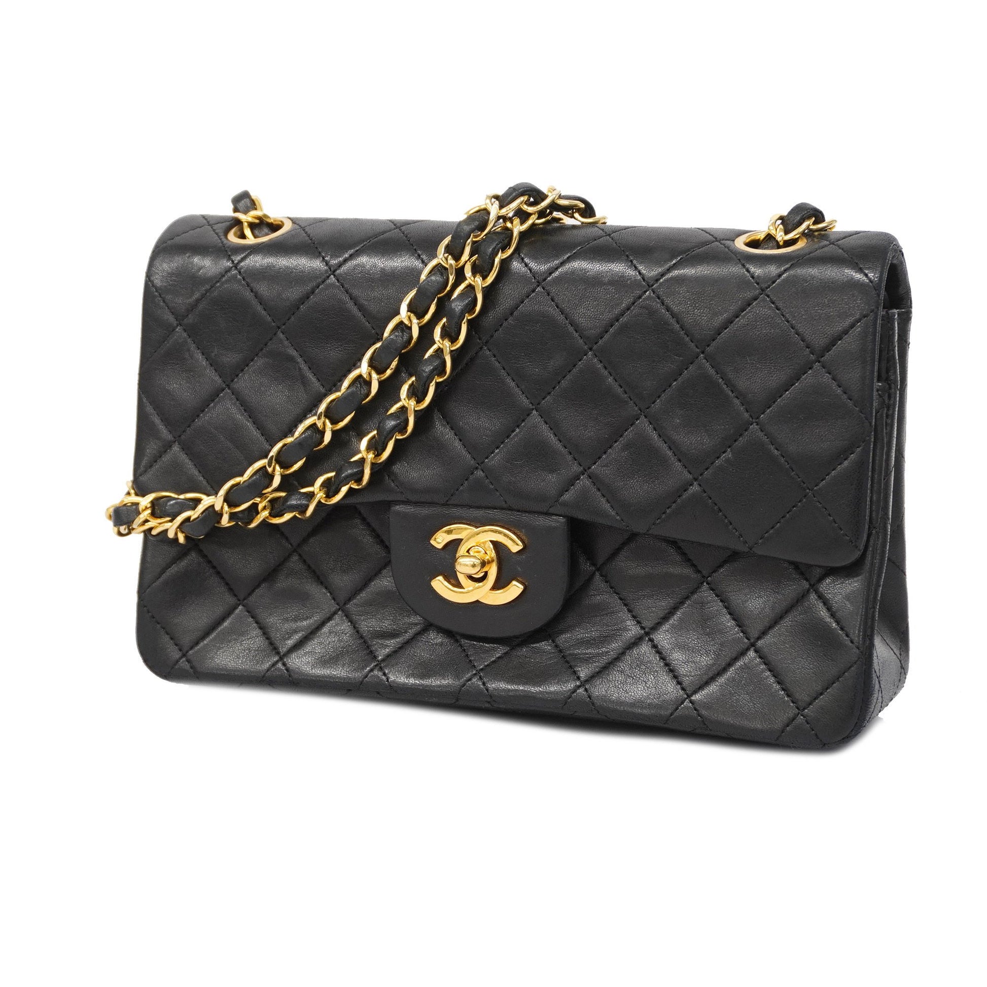 Chanel Matelasse W Flap W Chain Women's Leather Shoulder Bag Black