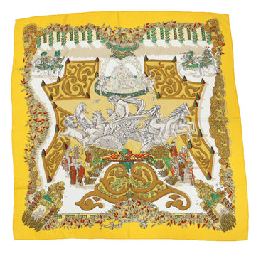 HERMES Muffler/Scarf Large Square Allover Print Silk Carre90 LE PARADIS DU ROY King's Paradise VINTAGE Vintage Item Yellow Made in France Luxury