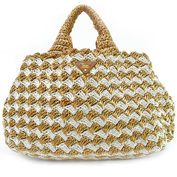 Prada Bag Triangle Logo Canapa Raffia Crocket Light Brown x White Handbag Women's BN2303