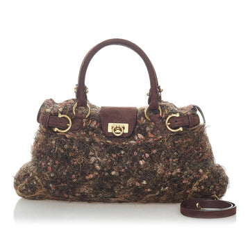 Salvatore Ferragamo Gancini Handbag Shoulder Bag EZ-21 5805 Brown Tweed Leather Ladies
