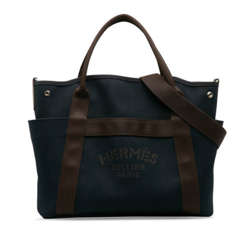 HERMES Sacked Panjage Groom Tote Bag Shoulder Navy Brown Canvas Leather Women's