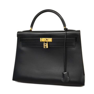 Hermes handbag Kelly 32 engraved box calf black gold Metal