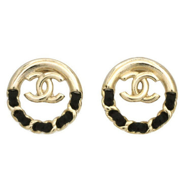 Chanel Earrings Black Gold Cocomark GP Leather 22 A CHANEL Circle Chain Women's Accessory Stud