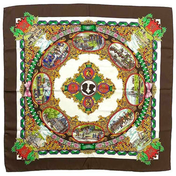 HERMES Scarf Muffler Carre 90 Brown White Multicolor Silk 100%  L'ENTENTE CORDIALE Large Horse Carriage Women's