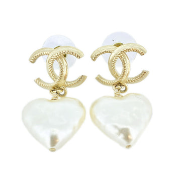 CHANEL Earrings Coco Mark Heart Motif Fake Pearl GP Plated Champagne Gold B22C Women's