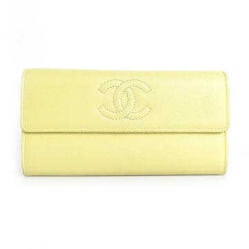 CHANEL Long Wallet Coco Mark Caviar Skin Leather Light Yellow Women's r9578a