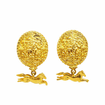 CHANEL Vintage Horse Swing Earrings Riding Oval Round Coco Gold