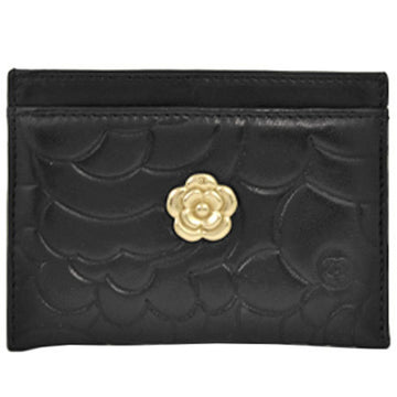 Chanel Camellia Embossed Card Case Black Lambskin Business Holder