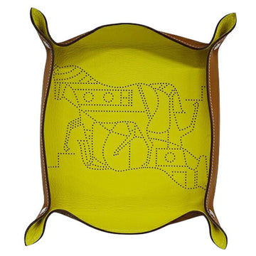 HERMES Miscellaneous Goods Vido Posh Women's Men's Brand Tray Accessory Case Leather Yellow Brown W Horse C Engraved