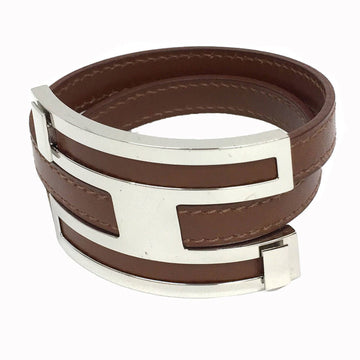 Hermes Pusse Pusse Bracelet Accessory Bangle Leather H hardware Double Brown / Silver Accessories