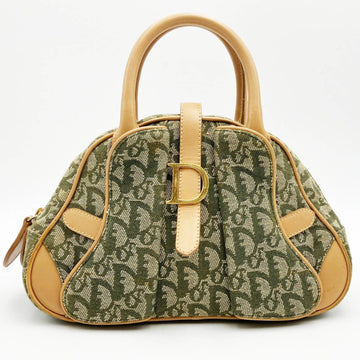 CHRISTIAN DIOR Trotter Handbag Bag Green x Beige Canvas Leather Women's PZ0901