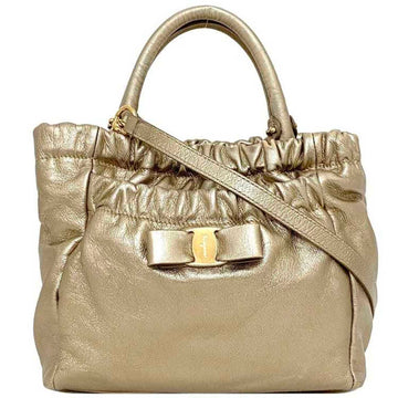 SALVATORE FERRAGAMO 2way Bag Gold Metallic Vara GG-21C793 Handbag Leather Gather Women's