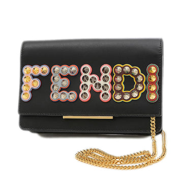Fendi Fun Fair Chain Wallet Shoulder Bag Studded Leather Black 8M0346
